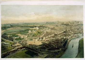 Vue de Rome sur la Porta del Popolo, lithographie de J. Arnout